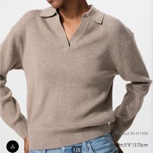 Uniqlo Washable Ribbed Knit Polo Sweater in Khaki